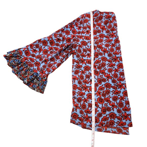 Dalia Blouse Contrasting Bell Sleeves Light Blue & Red Floral Scoop Neck… - Picture 14 of 15